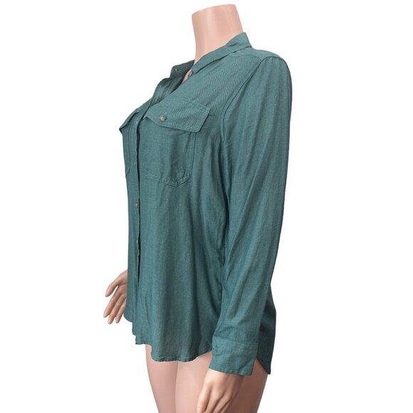 Eddie Bauer Women Petite PM Button Up Shirt Top Green Shaped Fit Business Casual - Picture 8 of 11